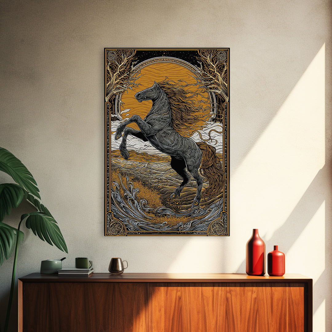 Canvas Gold Art Sleipnir Norse Mythology Horse Wall Canvas Art Nordic Viking Decor Dad Gift Office Art in rustic real wood frame