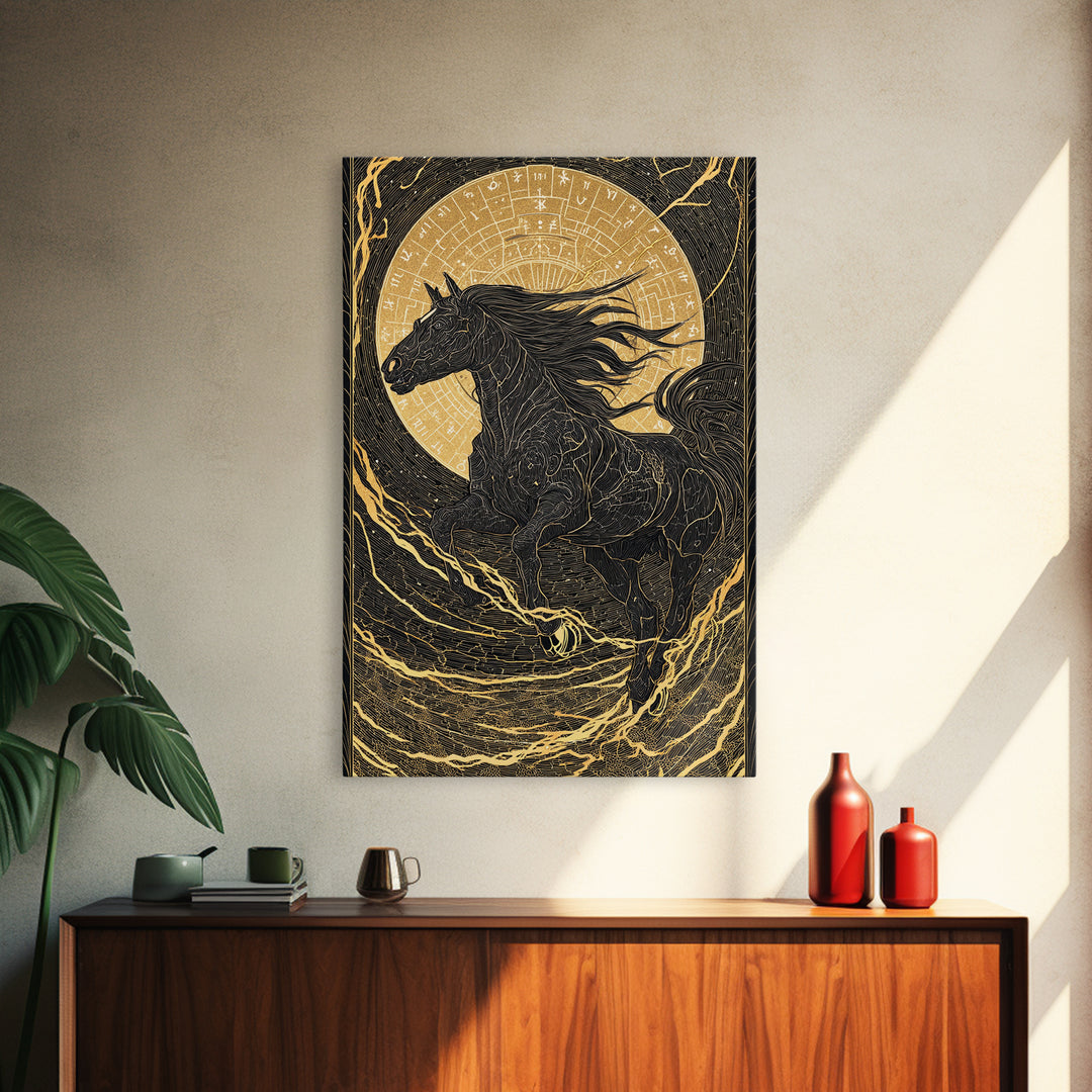Sleipnir Odin’s Horse Norse Mythology Wall Decor, Canvas Gold Art and Canvas Art, Viking Horse Office Art framed in real wood