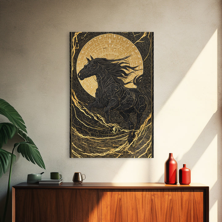 Sleipnir Odin’s Horse Norse Mythology Wall Decor, Canvas Gold Art and Canvas Art, Viking Horse Office Art framed in real wood