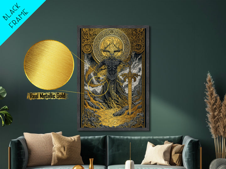 Surtur Fire Giant Norse Mythology Metallic Gold Art Viking Metal Art Dad Gift Office Wall Decor framed with natural real wood