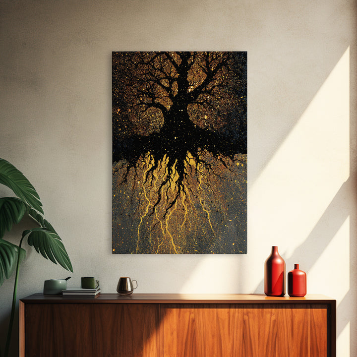 Golden World Tree Canvas Gold Art Canvas Art Norse Mythology Yggdrasil Design in natural wood frame, Office Art or Dad Gift