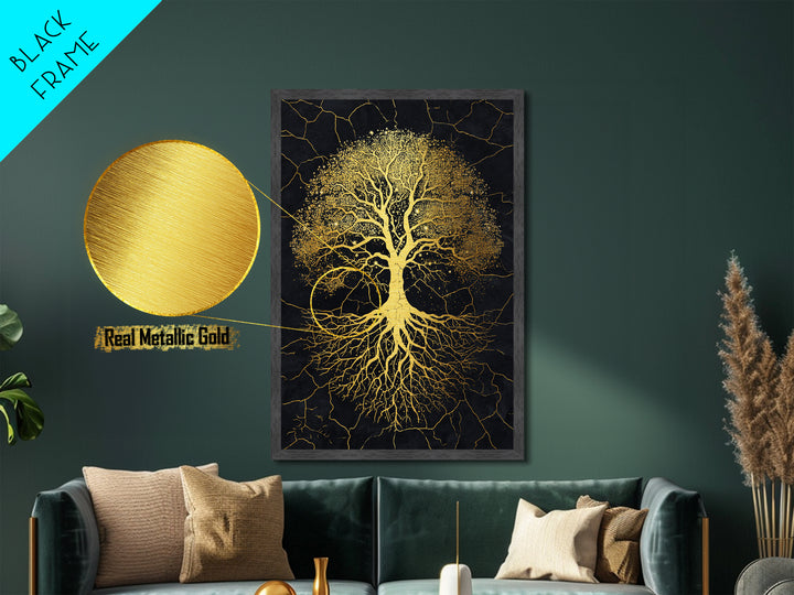 Norse Yggdrasil Tree Metallic Gold Art Metal Art Celestial Design with roots framed in real wood, Unique Office or Man Cave Art