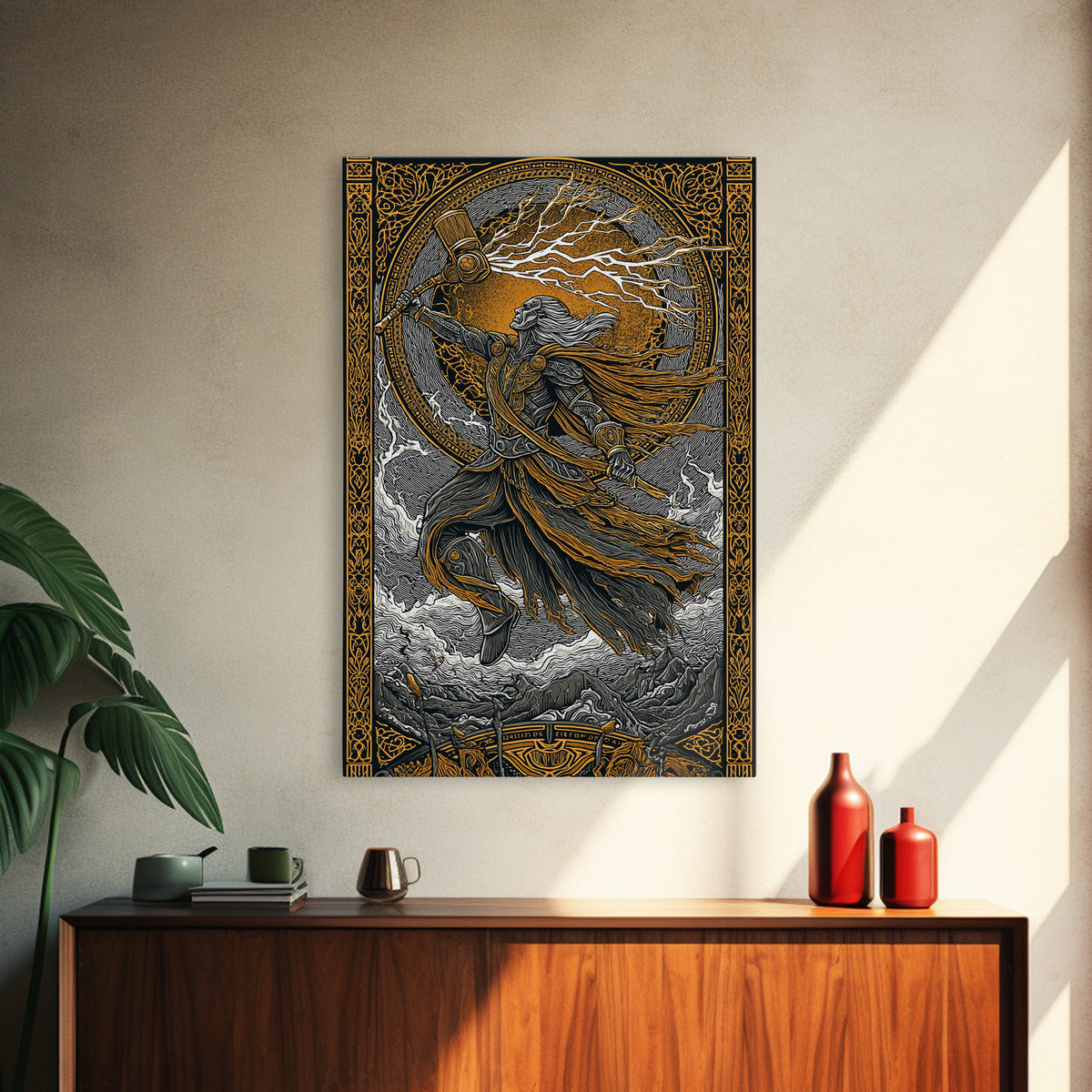 Viking Thor Strikes Canvas Gold Art Canvas Art with real wood frame, Norse Mythology Wall Art Perfect for Man Cave or Office