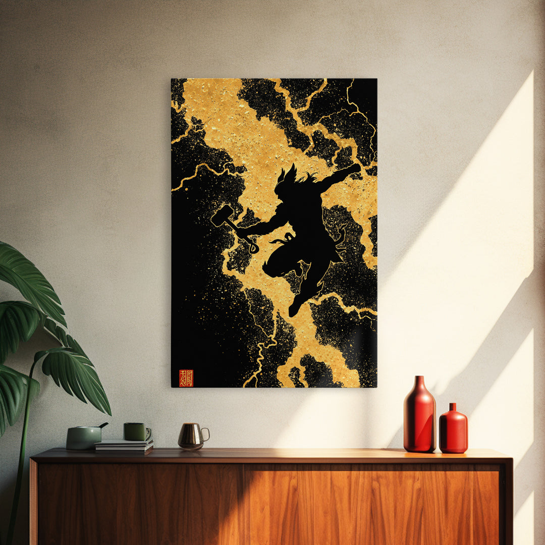 Silhouette Thor Jumping Canvas Gold Art Canvas Art Norse Viking God Wall Decor framed in natural wood, Office Art Dad Gift