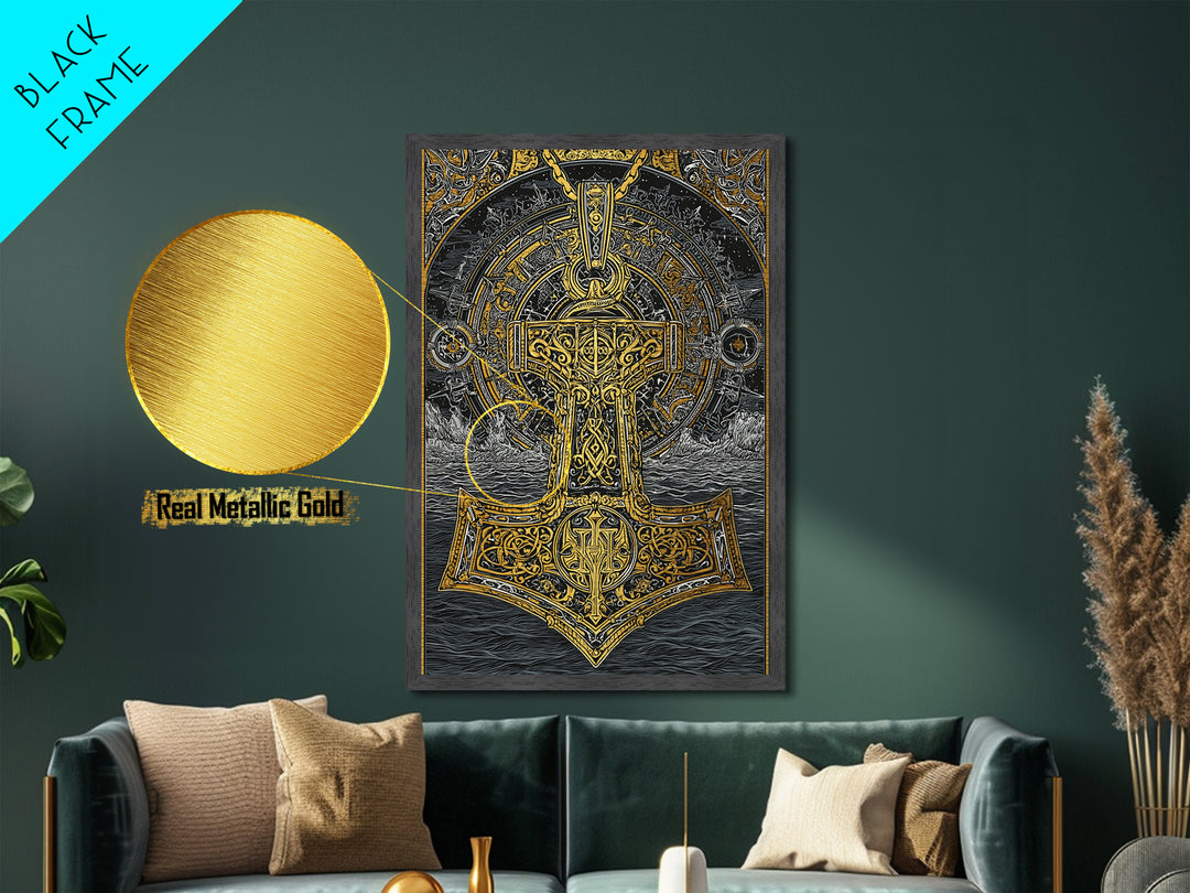 Viking Mjolnir Hammer Metallic Gold Art Metal Art Norse Mythology Thor Symbol framed in natural wood, Office Wall Art for Men
