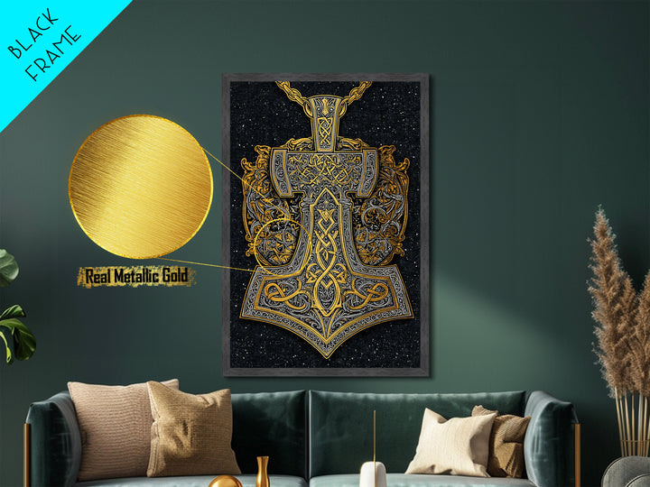 Norse Thor’s Hammer Metallic Gold Art Metal Art Viking Mjolnir Pendant Design with real wood frame, Unique Man Cave Wall Decor
