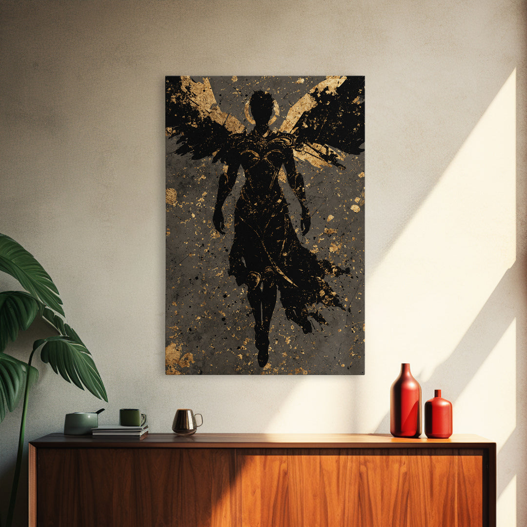 Nordic Valkyrie Canvas Gold Art Canvas Art, Norse Mythology Winged Warrior Goddess Wall Art for Man Cave Decor, framed in wood