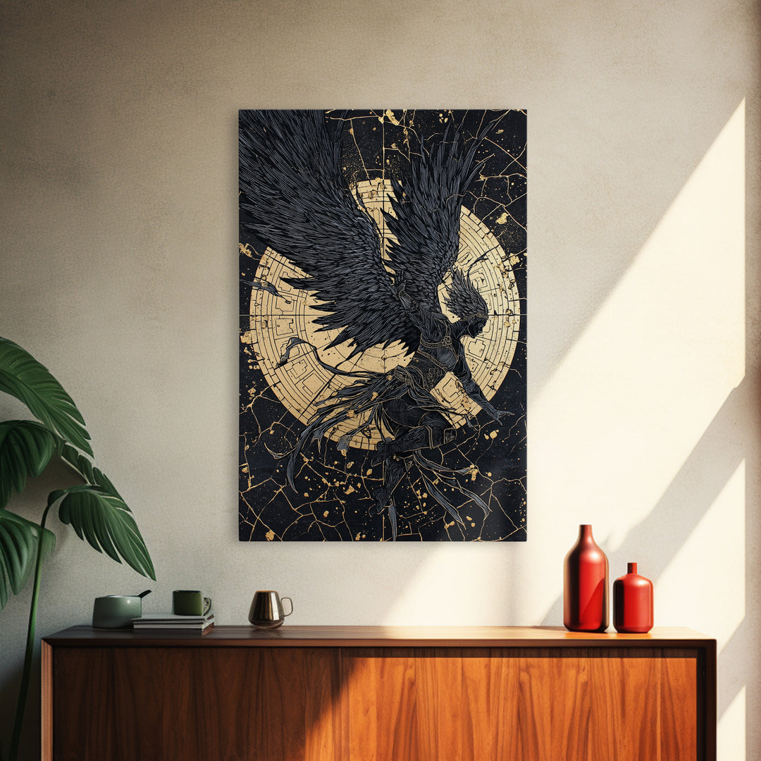 Golden Valkyrie Canvas Gold Art Canvas Art, Norse Mythology Female Warrior Wall Art for Man Cave Office Decor, in real wood frame