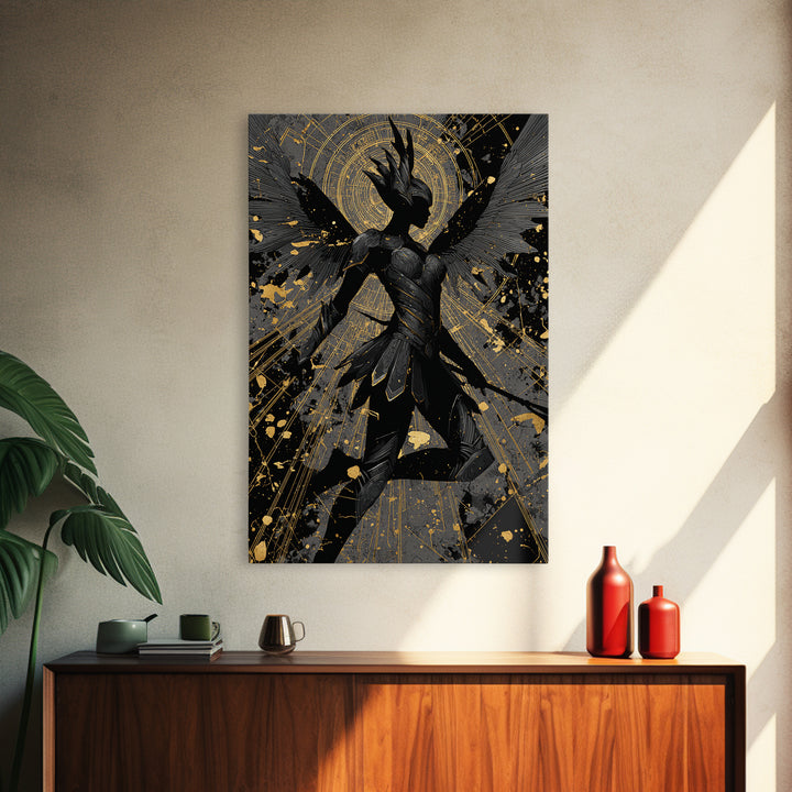 Valkyrie Guardian Canvas Gold Art Canvas Art, Norse Mythology Winged Warrior Wall Decor for Man Cave Dad Gift, real wood frame