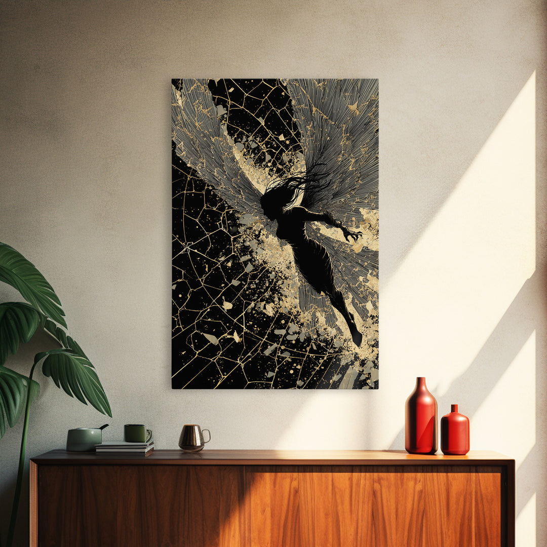 Valkyrie Warrior Canvas Gold Art Nordic Mythology Canvas Art for Office or Man Cave, framed in natural wood for bold style