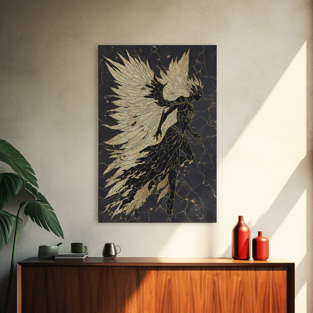 Valkyrie Warrior Canvas Gold Art Canvas Art, Norse Mythology Female Guardian Wall Art for Office Decor Dad Gift, with wood frame