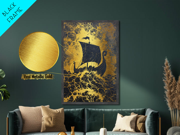 Bull Skull Nordic Totem Metallic Gold Art, Viking Metal Art with Mythology Detail, unique office decor framed in solid wood