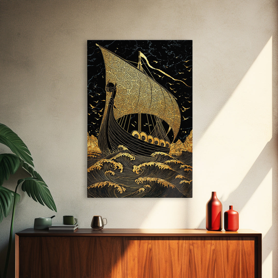 Viking Horned Helmet Canvas Gold Art, Norse Mythology Canvas Art Wall Decor for Dad Gift or Office, framed with real wood finish