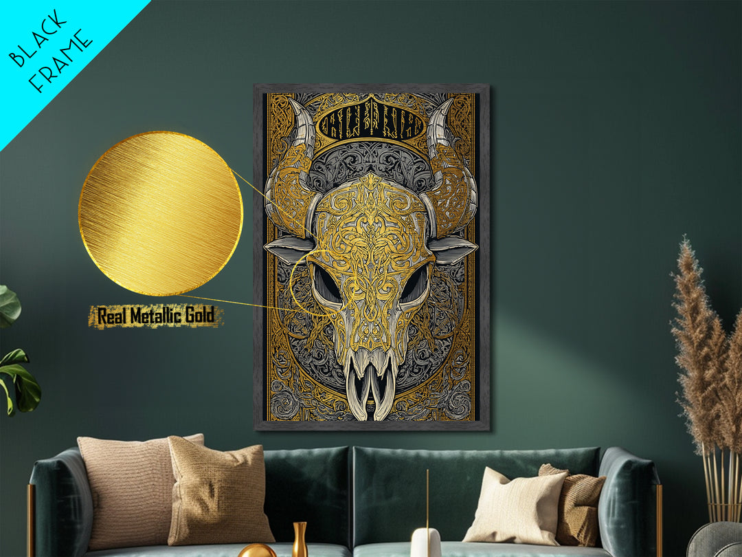 Rune Stone Metallic Gold Art, Ancient Viking Mythology Metal Art Perfect for Office or Dad Gift, framed with handcrafted wood