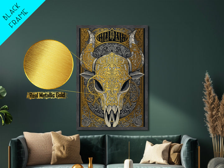 Rune Stone Metallic Gold Art, Ancient Viking Mythology Metal Art Perfect for Office or Dad Gift, framed with handcrafted wood