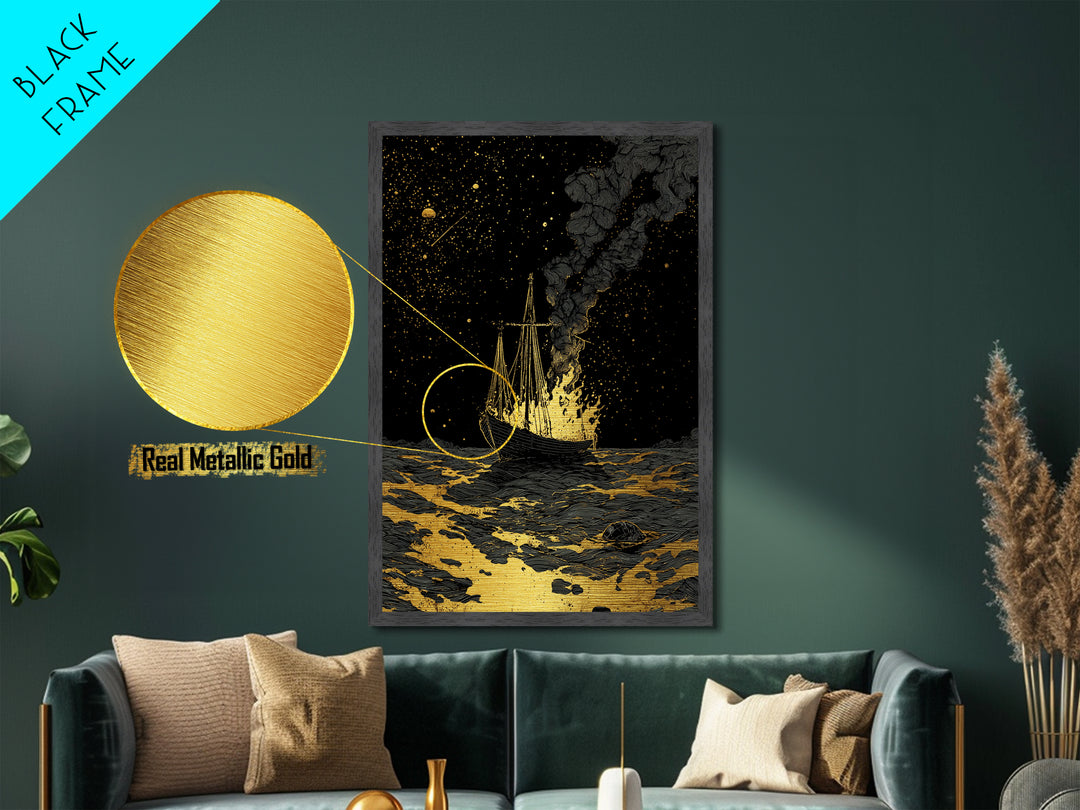 Metallic Gold Art Metal Art Viking Ship with Dragon Sail Nordic Mythology Decor Man Cave Wall Art Dad Gift with Real Wood Frame