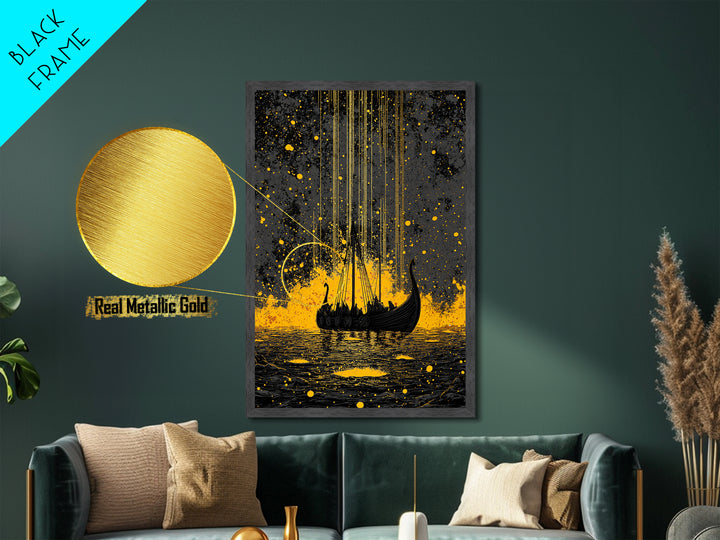 Nordic Longship Ocean Voyage Metallic Gold Art Metal Art Viking Decor for Men’s Office or Den Framed in Solid Wood Handmade