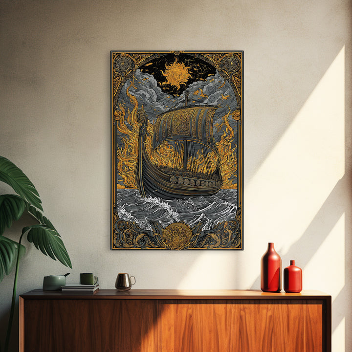Canvas Art Canvas Gold Art Viking Ship in Flames Norse Funeral Pyre Nordic Mythology Decor Office or Man Cave Framed in Real Wood