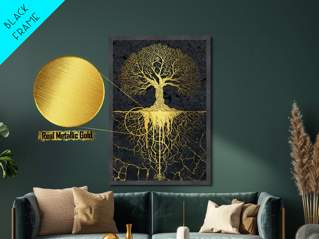 Norse Mythology Yggdrasil Tree Metallic Gold Art Metal Art Viking Decor Wall Art Nordic Symbolism Dad Gift Framed in Solid Wood
