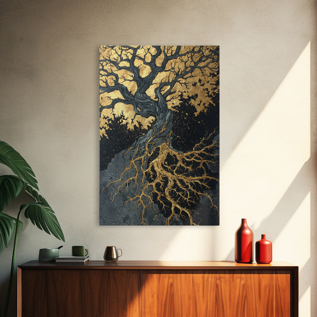 Canvas Gold Art Canvas Art Yggdrasil Tree of Life Norse Mythology Decor Viking Wall Art Nordic Office or Man Cave in Wood Frame