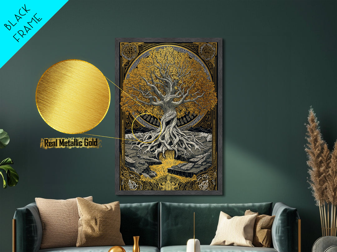 Nordic Yggdrasil Wall Decor Metallic Gold Art Metal Art Norse Mythology Tree of Life Viking Style Office Art Framed in Real Wood