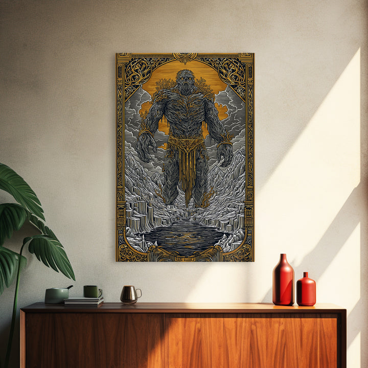 Canvas Gold Art Canvas Art of Ymir | Norse Mythology Wall Art with Natural Wood Frame | Viking Decor for Office, Study, or Man Cave