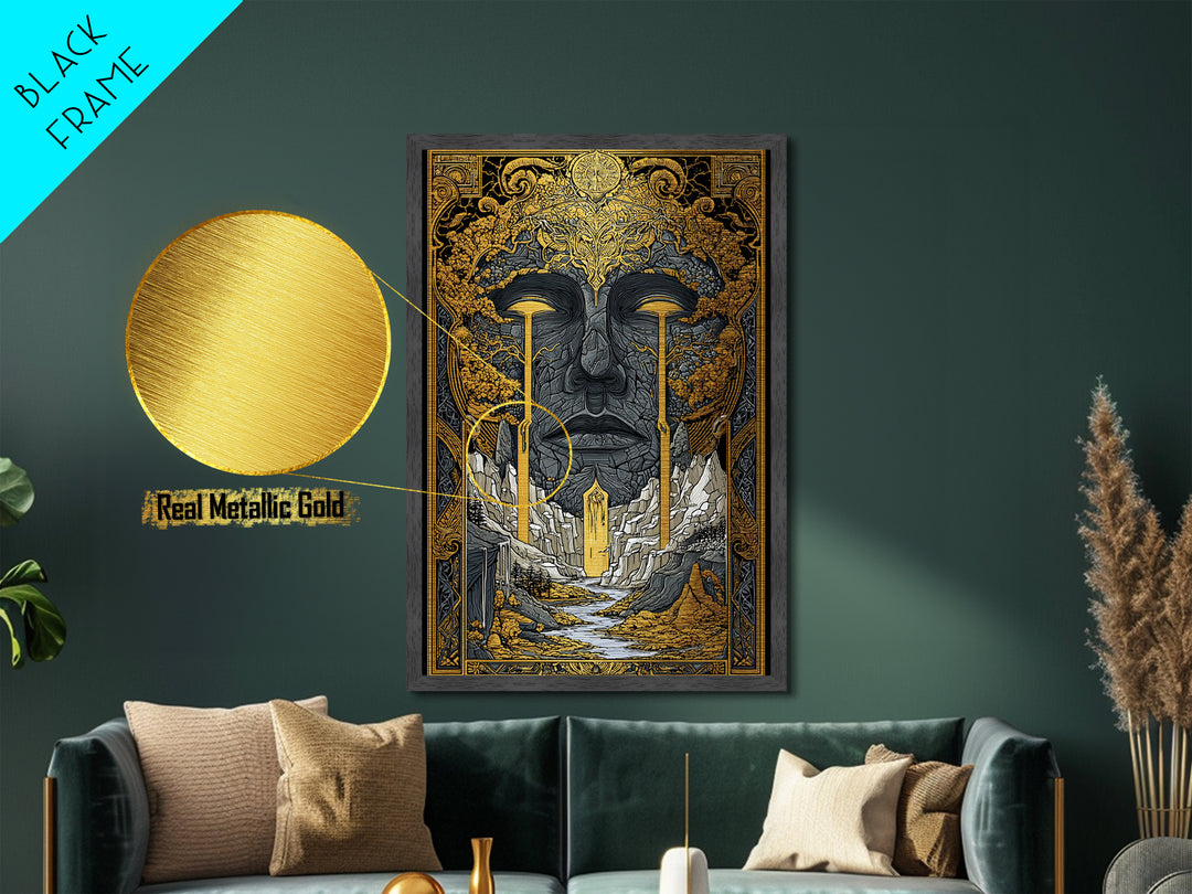 Nordic Mythology Metallic Gold Art Metal Art | Yggdrasil Tree of Life Wall Art with Real Wood Frame | Viking Office & Dad Gift