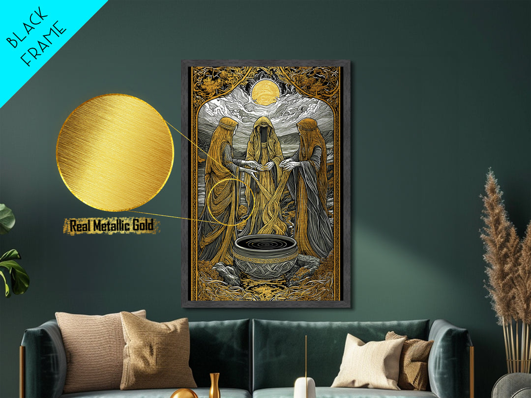 Norns Weaving Fate Metallic Gold Art, Norse Mythology Metal Art of Urd, Verdandi, Skuld, Viking Wall Art framed in real wood