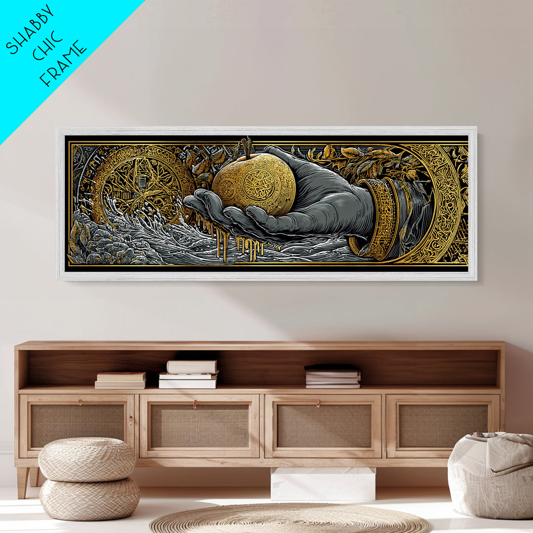 Golden Apple of Idunn Metallic Gold Art, Norse Mythology Metal Art for Office or Man Cave, framed in natural wood, Viking Dad Gift