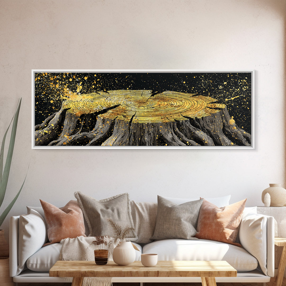 Viking Tree Stump Canvas Gold Art Nordic Mythology Canvas Art for Office or Man Cave, Norse Decor framed in real wood