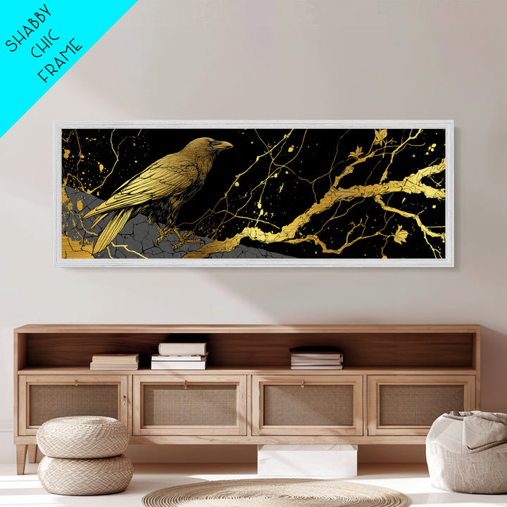 Odin’s Raven Metallic Gold Art Norse Mythology Metal Art Viking Wall Decor with natural wood frame, Man Cave or Office Gift