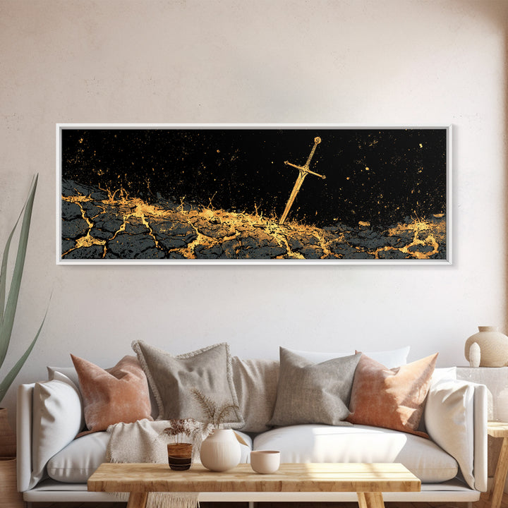 Viking Sword in Earth Canvas Gold Art Norse Mythology Canvas Art for Man Cave Decor with real wood frame, Office Warrior Gift
