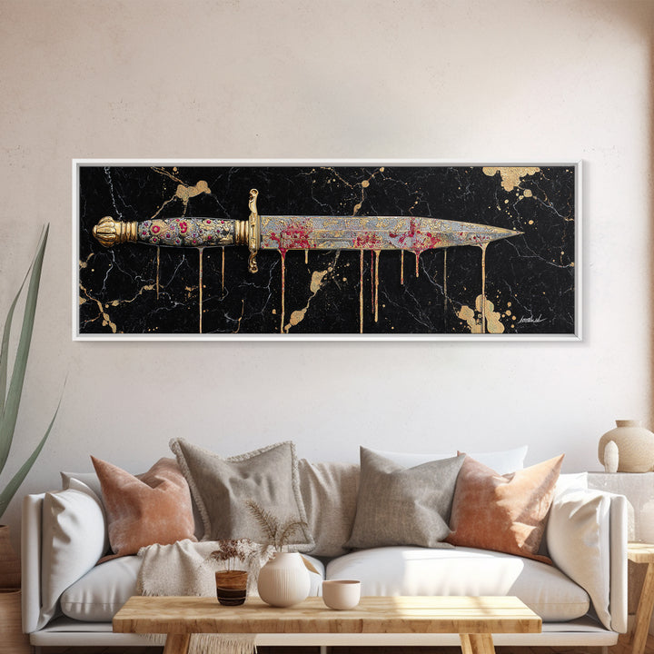 Decorative Dagger Canvas Gold Art Nordic Mythology Canvas Art Norse Weapon Decor framed in real wood, Viking Office Wall Art