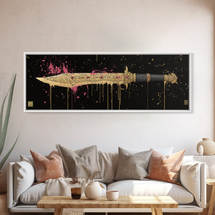 Runed Blade Canvas Gold Art Norse Mythology Canvas Art Nordic Weapon Decor with natural wood frame, Man Cave or Dad Gift