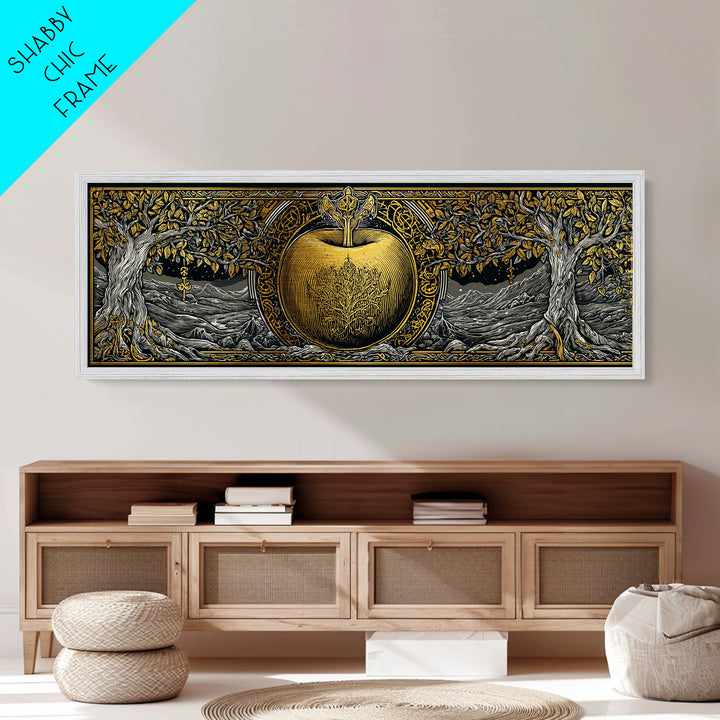 Norse Garden of Idunn Metallic Gold Art Viking Mythology Metal Art Nordic Apple Decor with real wood frame, Man Cave Wall Art