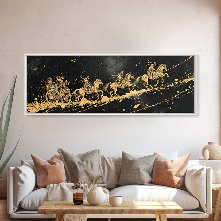Valkyries’ Ride Canvas Gold Art Norse Mythology Canvas Art Viking Horse Decor framed in natural wood, Warrior Office Wall Art