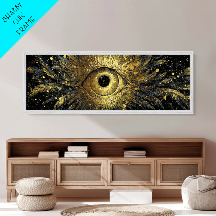 Odin’s All-Seeing Eye Metallic Gold Art Nordic Wall Decor Metal Art for Office or Man Cave, framed in natural wood
