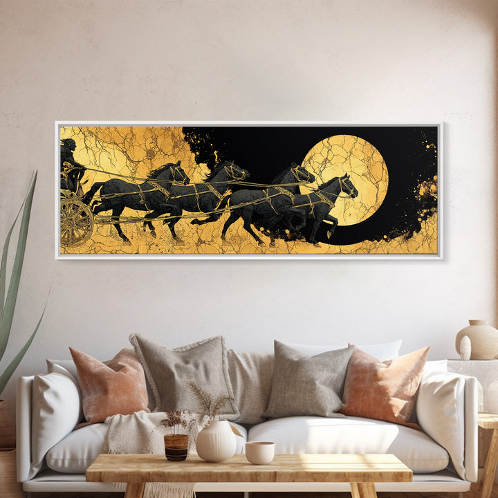 Sol’s Chariot Horses Canvas Gold Art Norse Mythology Canvas Art Wall Decor with wood frame, Viking Office or Man Cave
