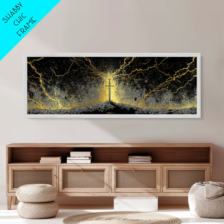 Legendary Sword Metallic Gold Art Norse Mythology Metal Art Wall Decor for Men, Office or Man Cave framed in real wood
