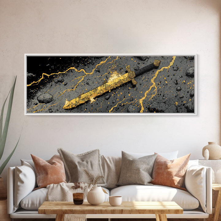 Ancient Norse Blade Canvas Gold Art Canvas Art Viking Decor with natural wood framing, Office Wall Art or Man Cave Gift