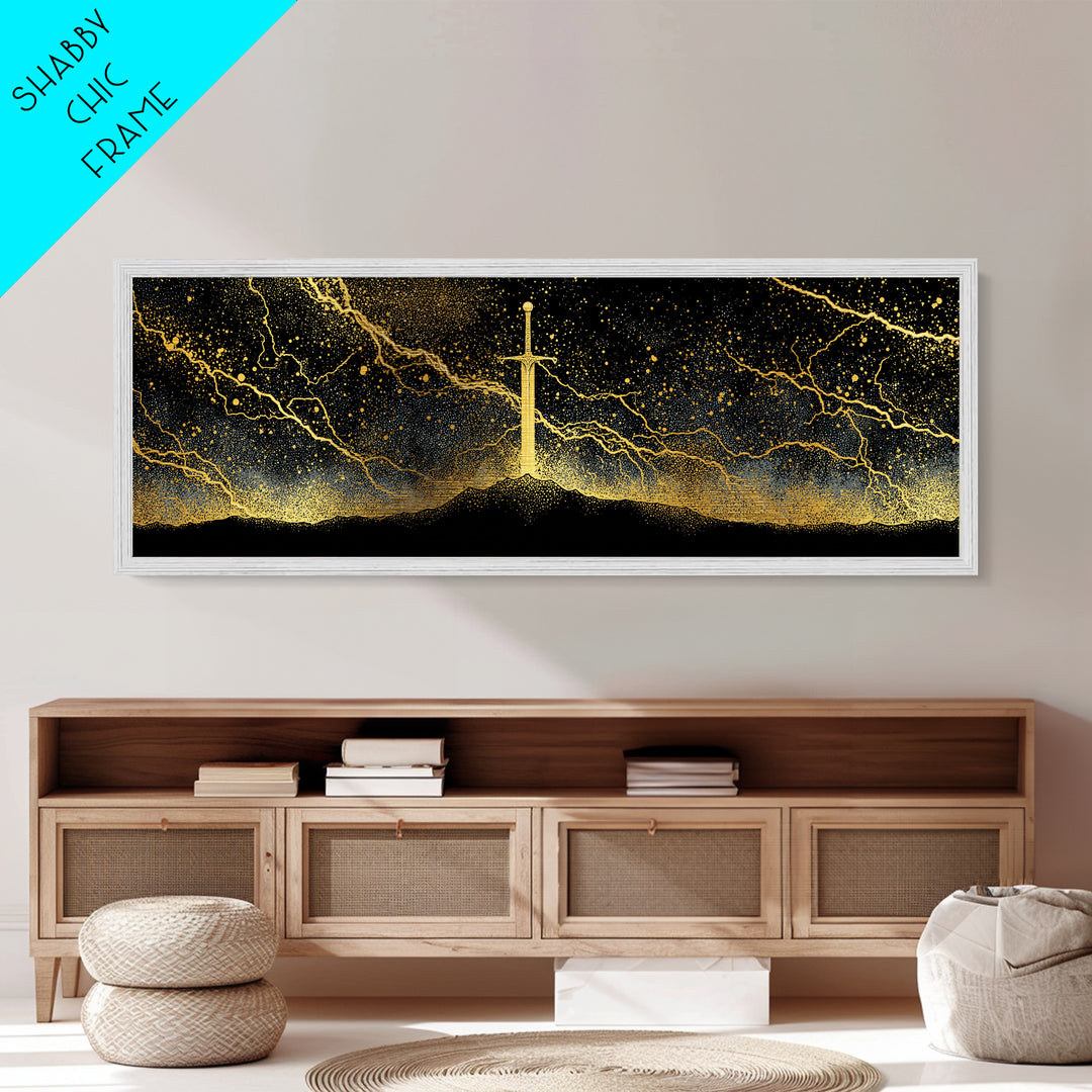 Mythic Sword of the Gods Metallic Gold Art Nordic Wall Decor Metal Art framed in real wood, perfect Man Cave or Dad Gift