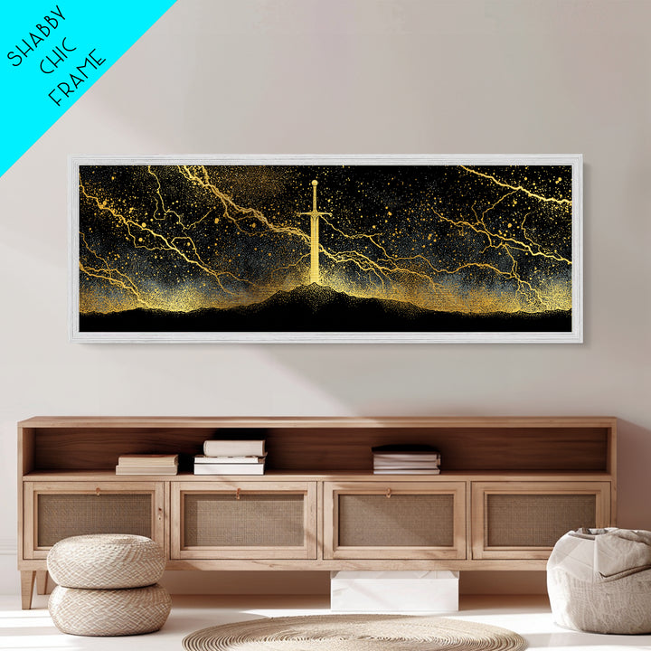 Mythic Sword of the Gods Metallic Gold Art Nordic Wall Decor Metal Art framed in real wood, perfect Man Cave or Dad Gift