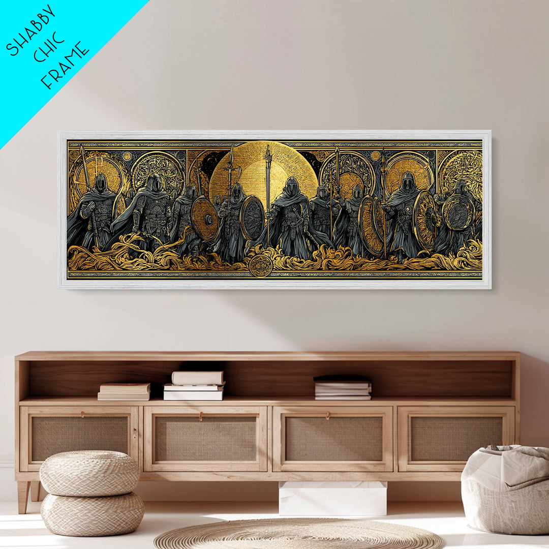 Einherjar Warriors Metallic Gold Art Norse Mythology Metal Art with wood framing, Viking Man Cave Wall Art for Dad Gift