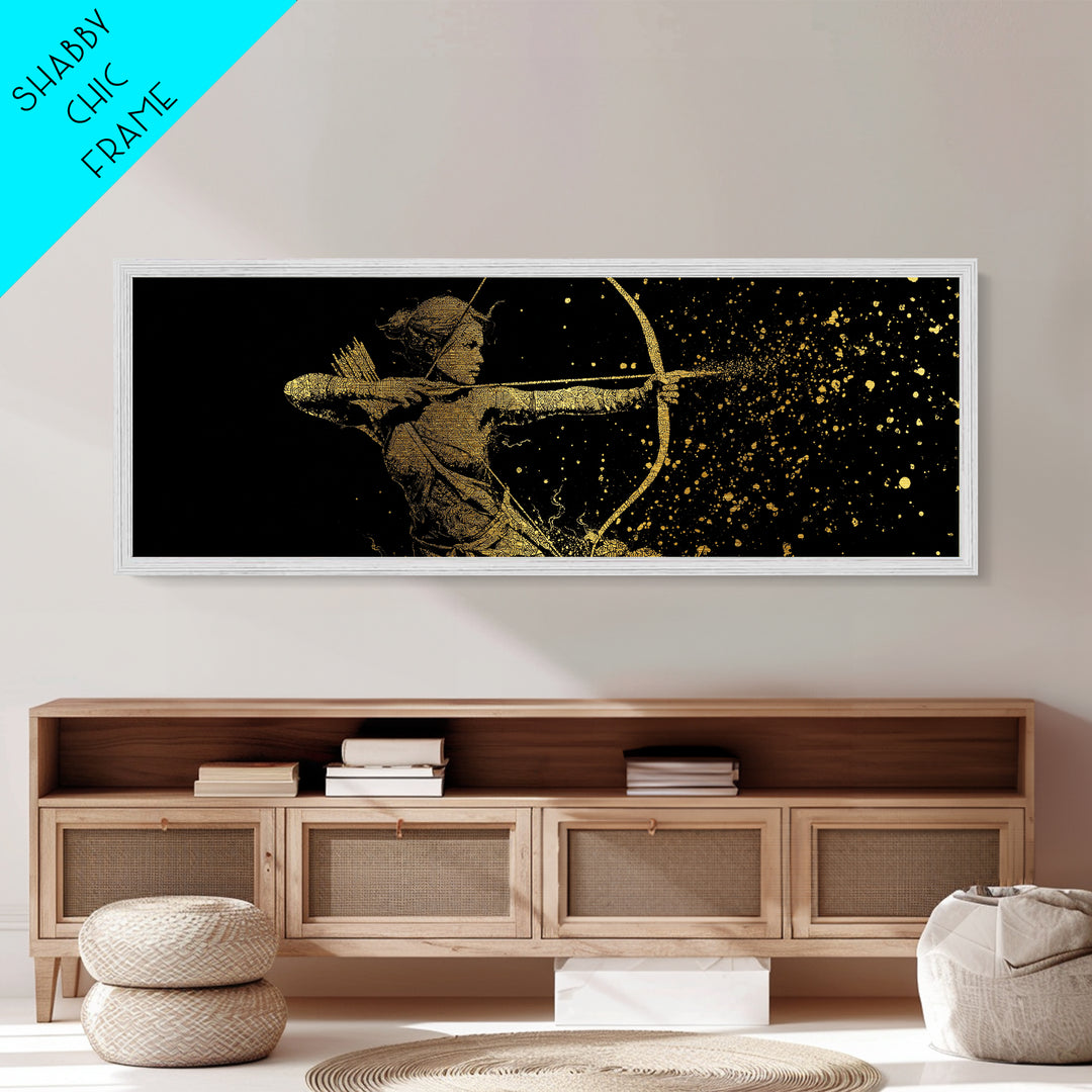 Archer Goddess Metallic Gold Art Norse Mythology Female Warrior Metal Art with real wood frame, Office Art or Dad Gift