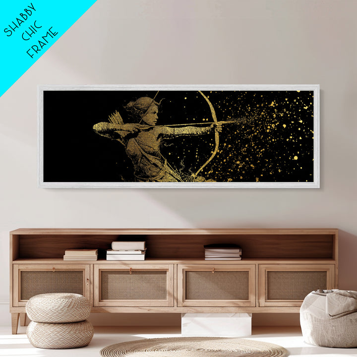 Archer Goddess Metallic Gold Art Norse Mythology Female Warrior Metal Art with real wood frame, Office Art or Dad Gift