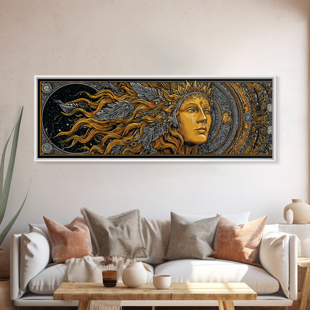 Canvas Art Canvas Gold Sun Goddess Norse Mythology Wall Decor, Nordic Office or Man Cave Art framed in natural wood