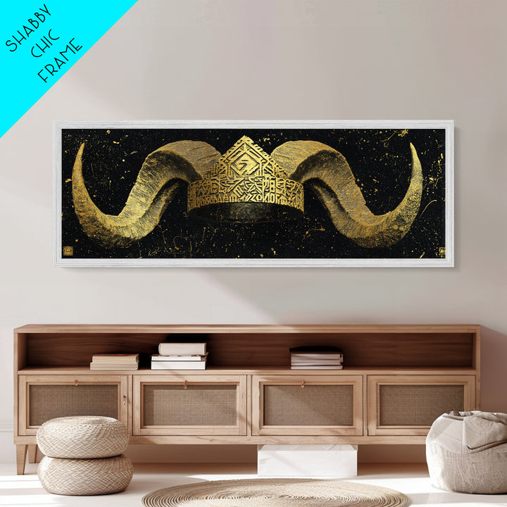 Nordic Horned Crown Metallic Gold Art, Viking Inspired Metal Art Wall Hanging, Office Decor or Dad Gift in real wood frame