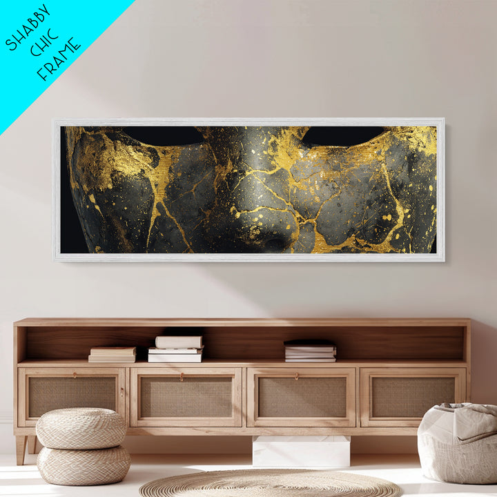 Kintsugi Mask Metallic Gold Art, Norse Mythology Metal Art Wall Decor, Unique Nordic Office Accent framed in real wood
