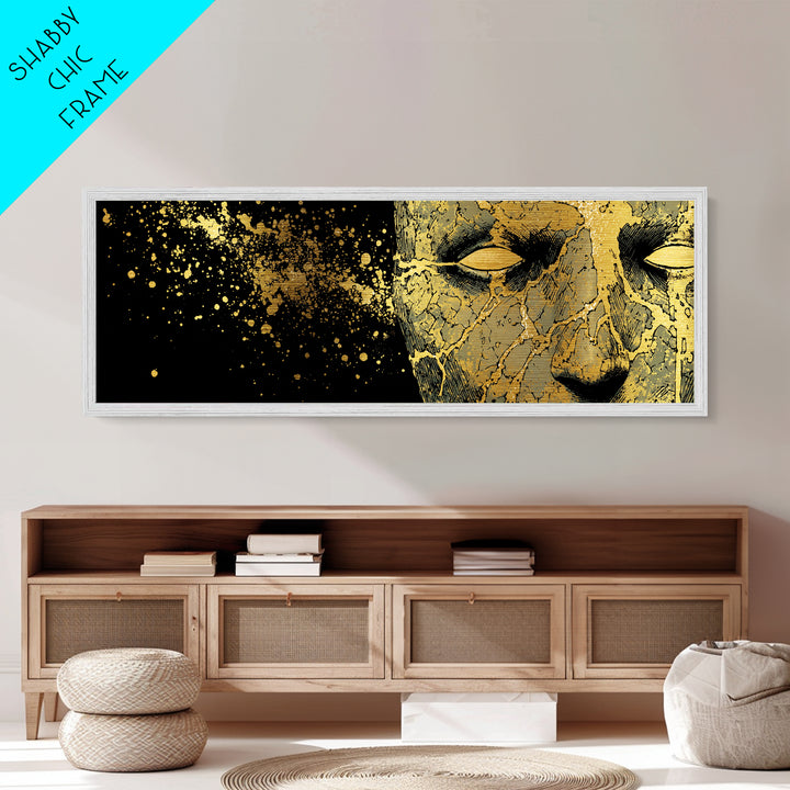 Metal Art Metallic Gold Broken Face Nordic Mask, Norse Mythology Office or Man Cave Art, Viking Decor with natural wood frame