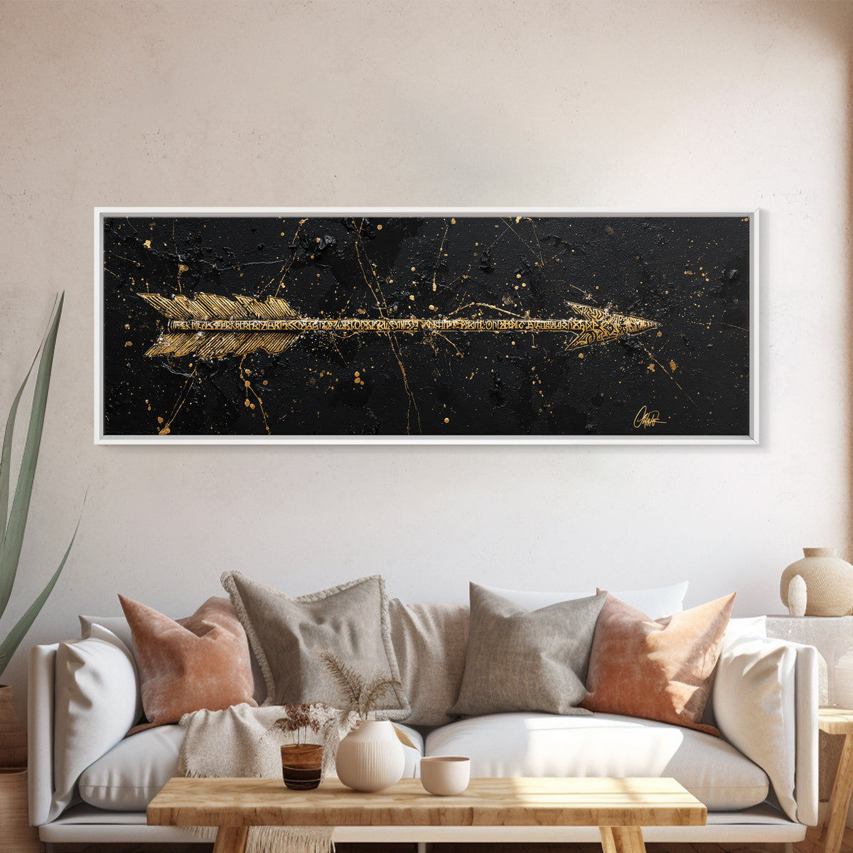 Viking Arrow Canvas Gold Art, Rune Engraved Canvas Art Wall Hanging, Norse Mythology Man Cave Decor with real wood frame